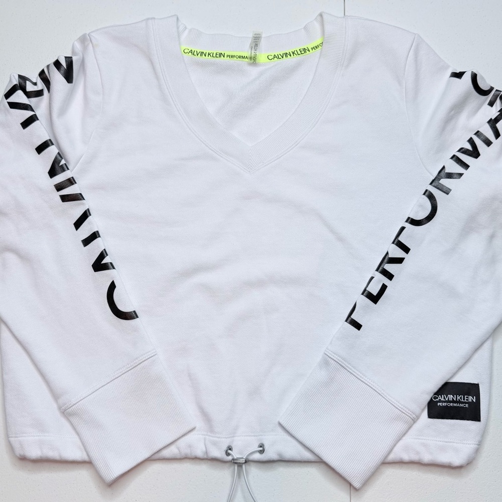 Calvin Klein Performance White Cropped Sweatshirt Logo Sleeve Size L